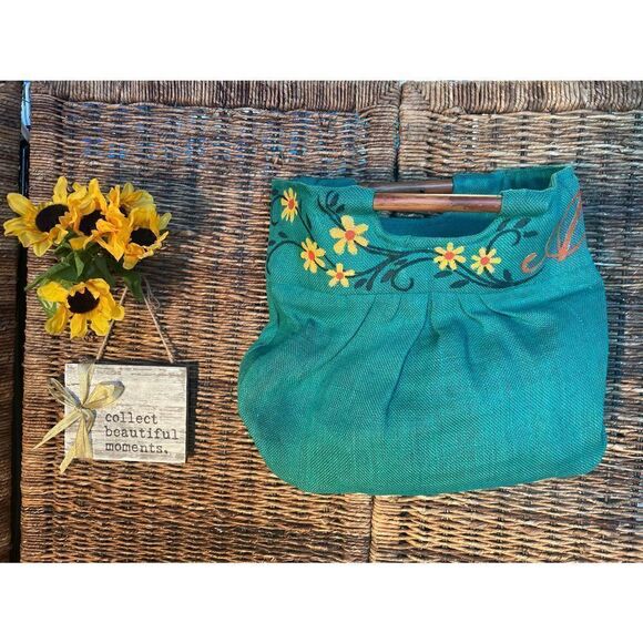 Green Boho Burlap Satchel/Handbag-NWOT - Picture 1 of 12